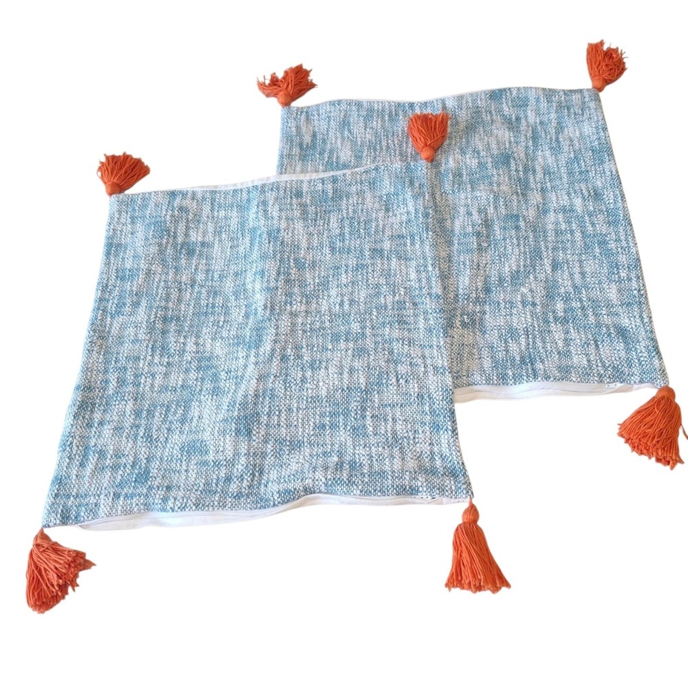 Set 2 Pottery Barn Kids 20x20 Pillow Covers Blue White Woven Orange Tassels Boho